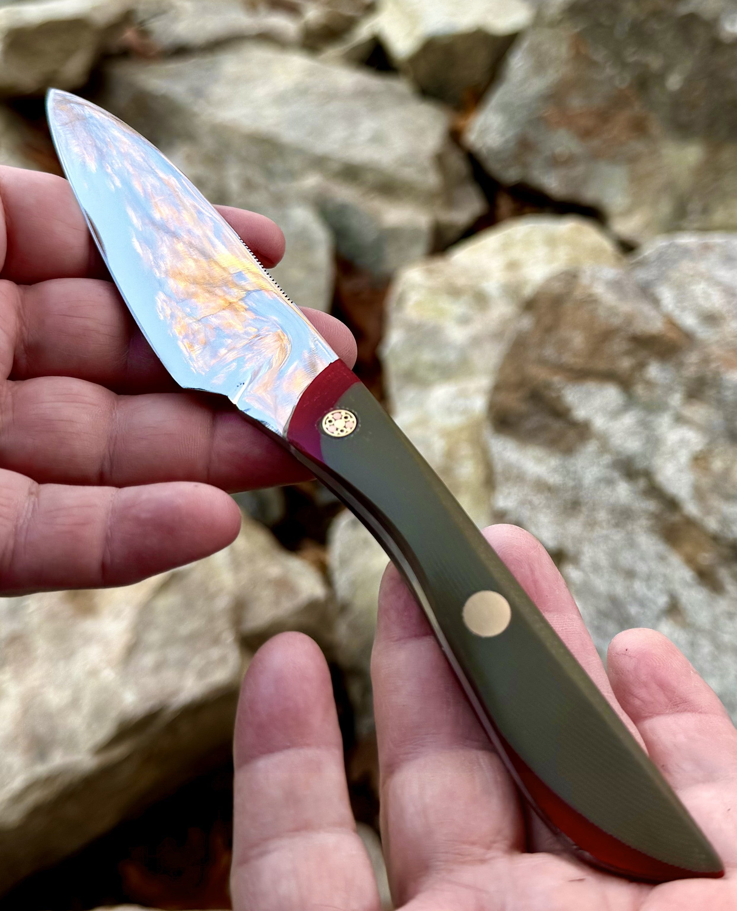 Hand-made paring knife with mosaic pin and sculpted handle