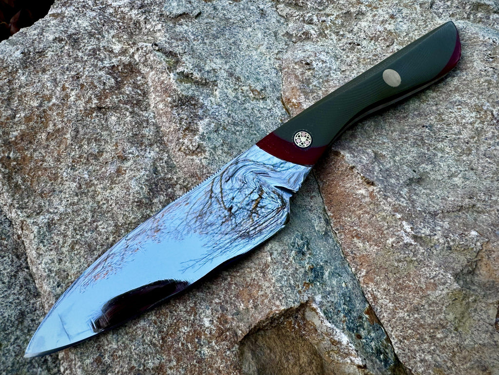 Hand-made paring knife with mosaic pin and sculpted handle