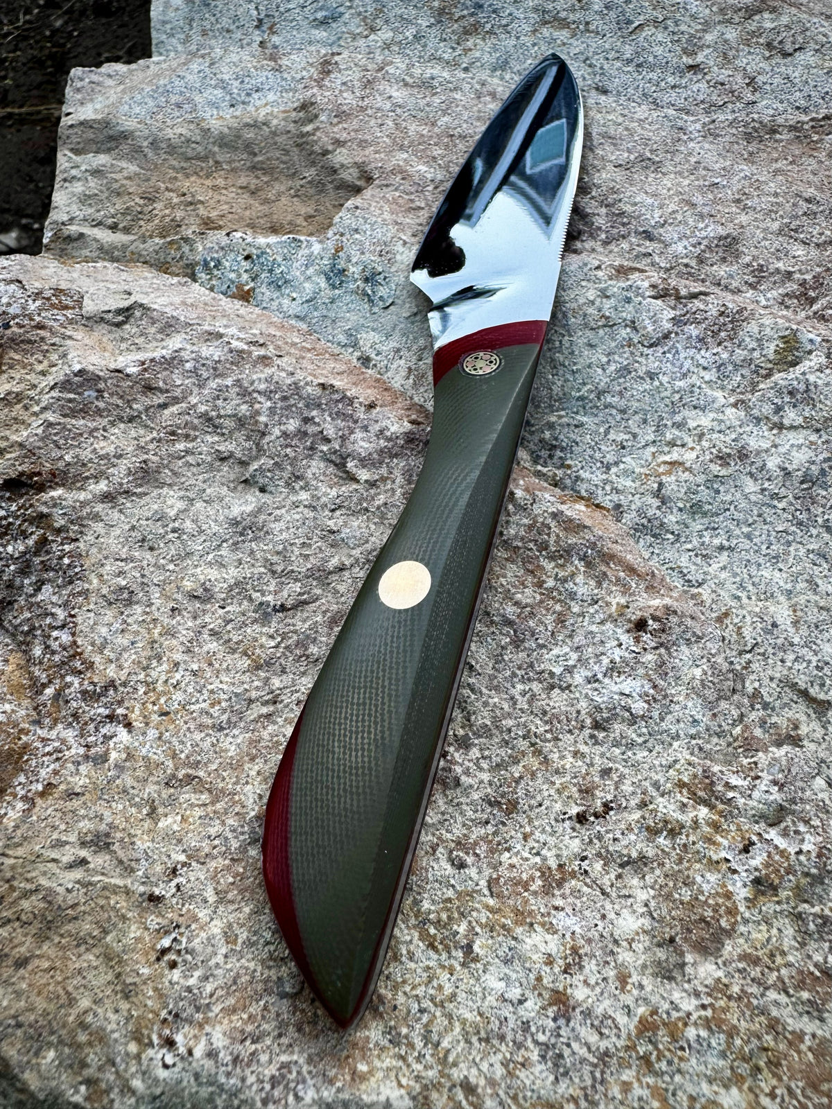 Hand-made paring knife with mosaic pin and sculpted handle
